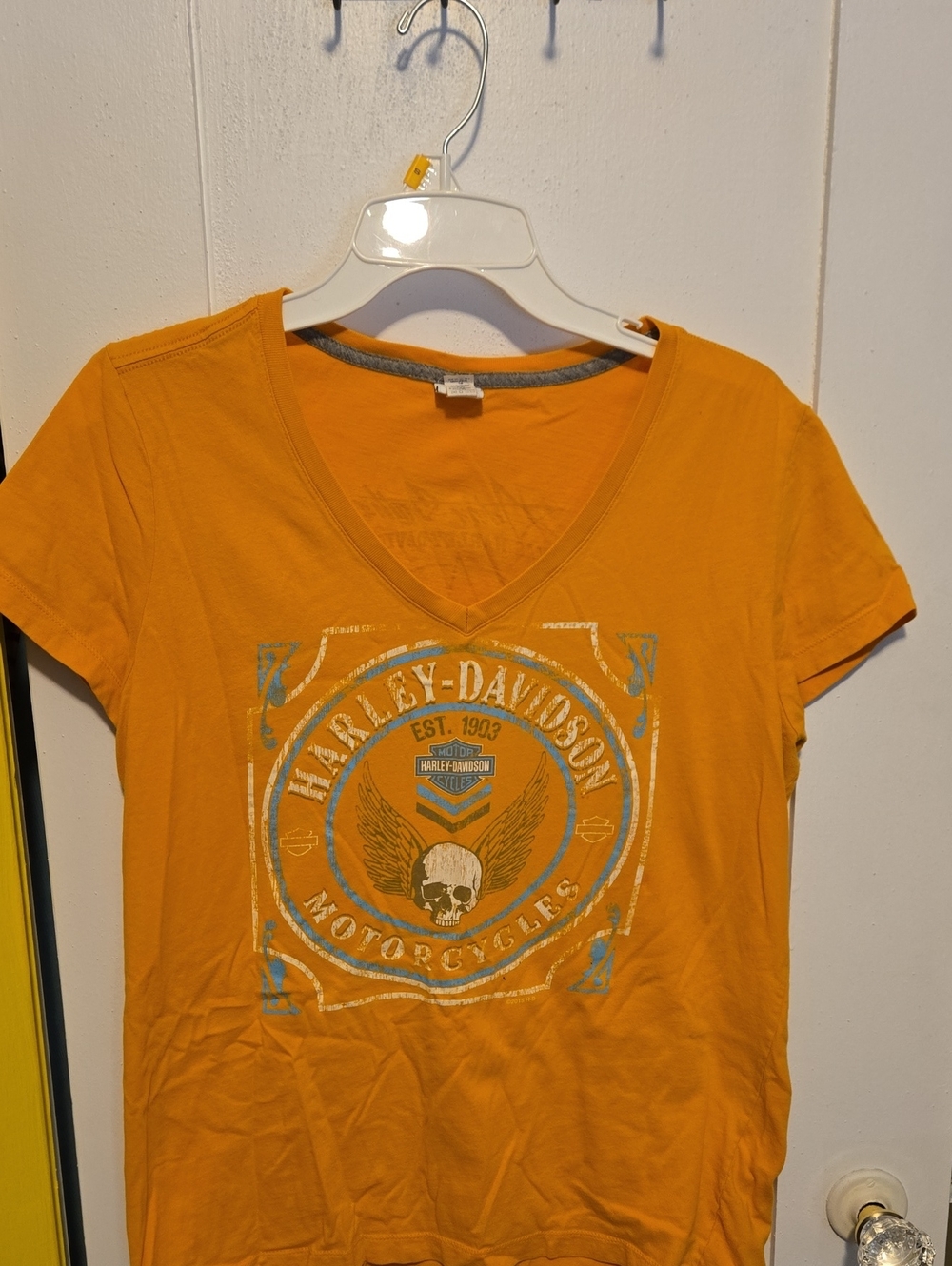 Harley-Davidson Orange V-Neck Tee with Winged Skull Graphic